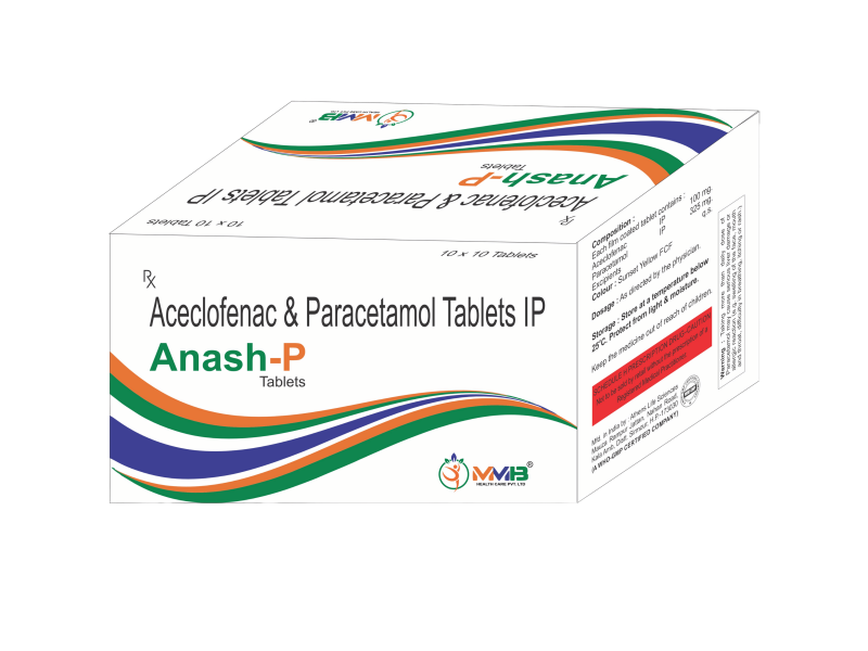 Box and strip of Anash-P Tablets for pain and inflammation relief, featuring Aceclofenac and Paracetamol.