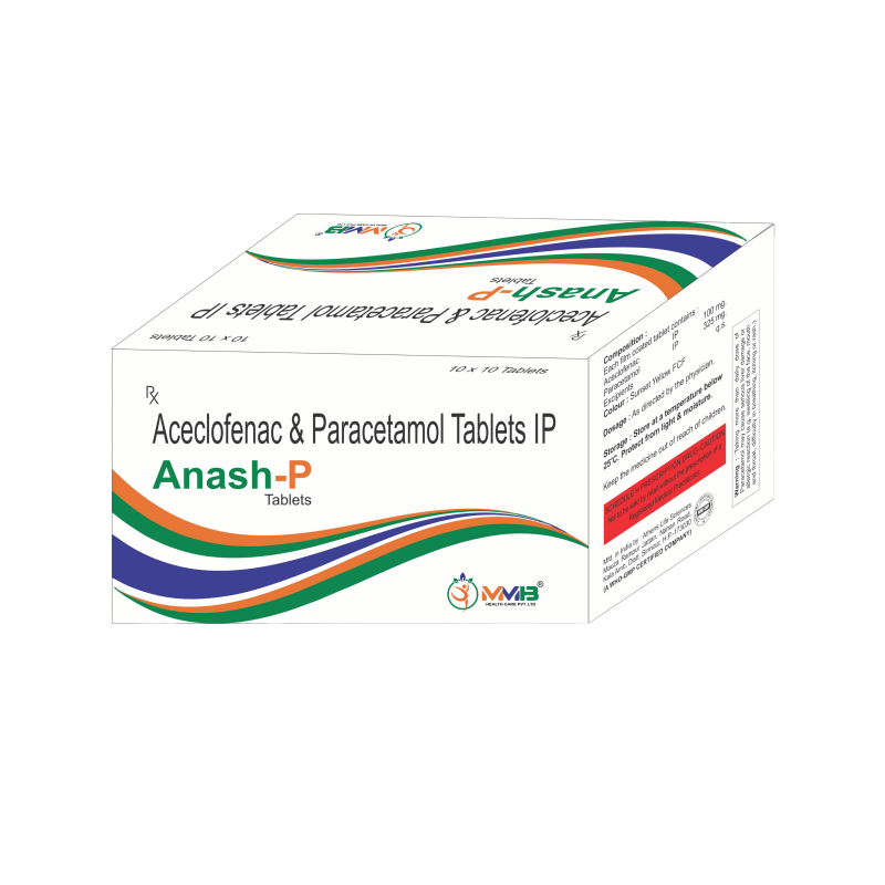 Box and strip of Anash-P Tablets for pain and inflammation relief, featuring Aceclofenac and Paracetamol.