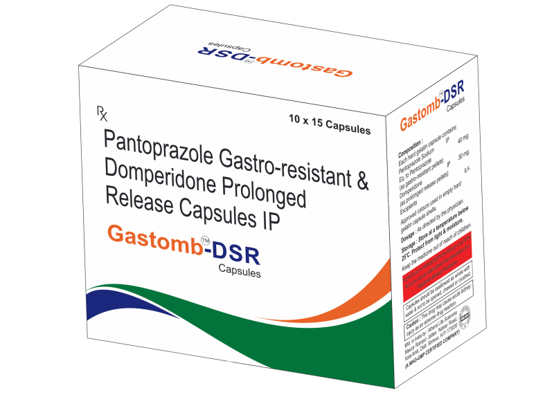 Box of Gastomb-DSR Capsules featuring Pantoprazole Gastro-resistant and Domperidone Prolonged Release, designed for effective gastric relief.