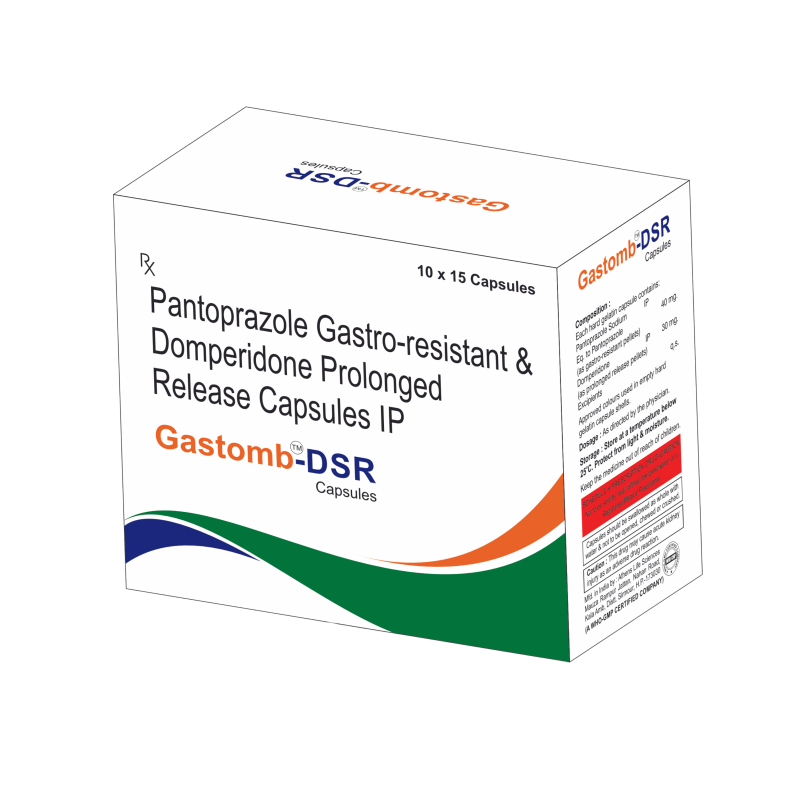 Box of Gastomb-DSR Capsules featuring Pantoprazole Gastro-resistant and Domperidone Prolonged Release, designed for effective gastric relief.